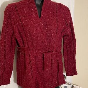Custom Handknit Dark Red HandKnit Cardigan Sweater with Belt